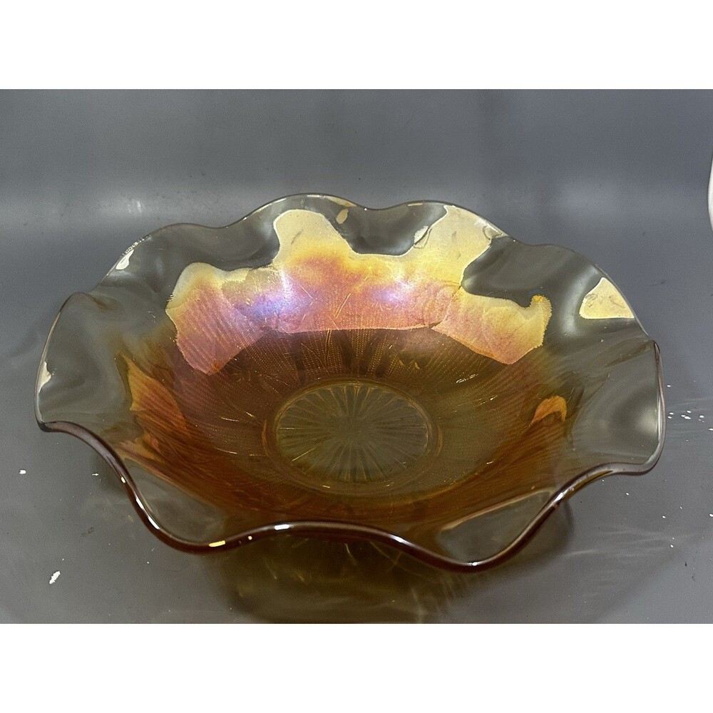 Jeannette Iris & Herringbone Pink Iridescent Footed Bowl Carnival Glass Vintage